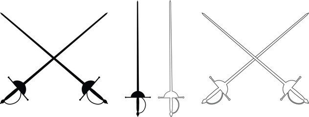 fencing sports icon set logo solid design collection. Crossed rapiers swords or fencing duel flat and line vector isolated on transparent background. Trendy style black icon for games and websites. - obrazy, fototapety, plakaty