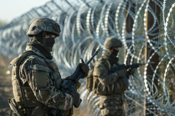 Two soldiers stand behind a barbed wire fence, one holding a rifle