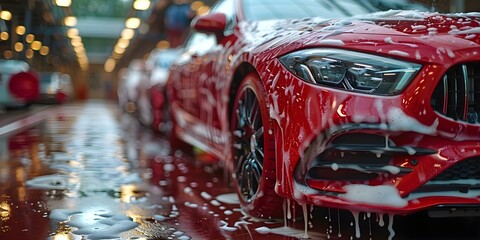 Workers meticulously hand wash a red car ensuring a pristine shine and thorough cleaning. Concept Car detailing, Hand washing, Red car, Meticulous work, Pristine shine