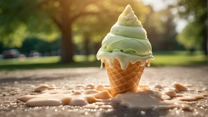 "An ice cream cone is shown melting under the hot sun in a park. The scene captures the cone starting to drip as the ice cream slowly liquefies, leaving trails of melted cream down the sides. The envi