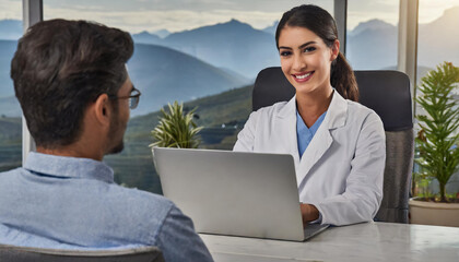 In the realm of healthcare, a doctor consults with a patient against a backdrop of majestic mountains. The serene yet professional atmosphere symbolizes the intersection of human care 