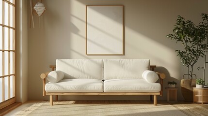 Fototapeta na wymiar Beige living room interior with sofa and white wall mock up, 3d render