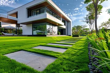 Fototapeta na wymiar Modern luxury home facade with vibrant green lawn and stone pathway leading to an elaborate porch entrance, showcasing architectural beauty in natural light.