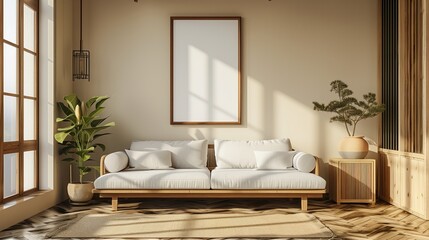 Beige living room interior with sofa and white wall mock up, 3d render