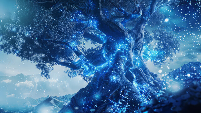 Futuristic interactive Unilever poster, themed 'Wisdom Tree,' in cool blue.generative ai