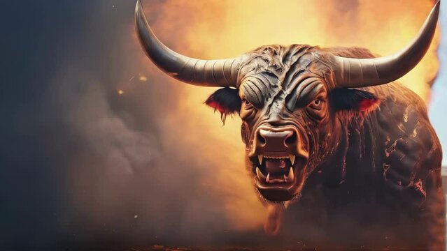 Bull with flames coming out of its mouth, crypto money concept