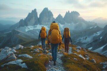 A group of tourists in the mountains in summer or autumn and look at the camera holding a camera or smartphone. Selfie shot of group of hikers in the mountain, active lifestyle, vacation concept