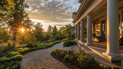 Newly constructed opulent home with lush landscaping, pathway leading to a magnificent porch, in the golden hour light. - obrazy, fototapety, plakaty