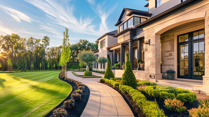 Radiant facade of a grand luxury home with a neatly landscaped lawn, decorative pathway leading to a stylish porch, in the afternoon sun. - obrazy, fototapety, plakaty