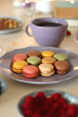 Plate of pastel macarons, cookies and chocolate, cup of tea of coffee, glass of bubble water, various berries, books and accessories on the table. Selective focus, pastel colors.