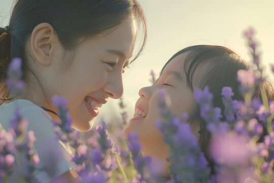 Asian woman and her child smile at each other with pure joy in the lavender flower field