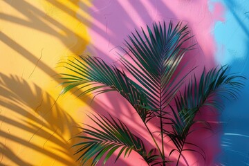 Fototapeta na wymiar Palm leaf against sunlight, pattern texture foliage. yellow, pink, blue color wallpaper background. Summer mood vibe relaxation unity nature