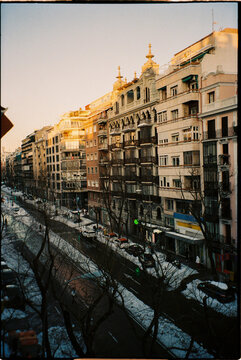 An analog image of the streets in the city of Madrid, Spain