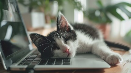 A black and white cat laying on top of a laptop. Generative AI.