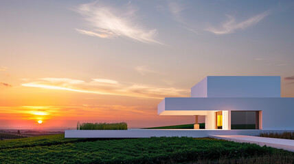 White, minimalist abode with a landscape of green under the vibrant colors of sunset, highlighting the beauty of modern simplicity. - obrazy, fototapety, plakaty