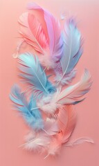 A group of pink and blue feathers on a pink background. Generative AI.