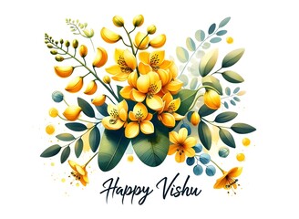 Watercolor illustration for the festival of vishu with yellow konna flowers.
