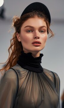 A model wearing a sheer top and hat. Generative AI.