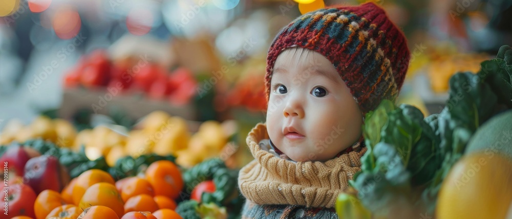 Poster A baby wearing a knit hat and scarf in front of a bunch of vegetables. Generative AI.