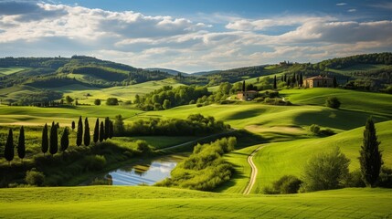 Fototapeta na wymiar Serene Tuscany Landscape A Lush Green Meadow