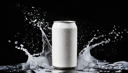 White aluminum can mockup with dynamic water splash. Drink package. Refreshing beverage. Black background.