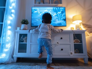 A young boy is climbing on a dresser in front of a television. Generative AI. - Powered by Adobe