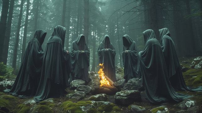 Coven of witches, a group of people as witches or necromancer meet Walpurgis night. Coven witches on Halloween. The persons in black clothes and hoodies making witchcraft at the Sabbath. 30'th April.