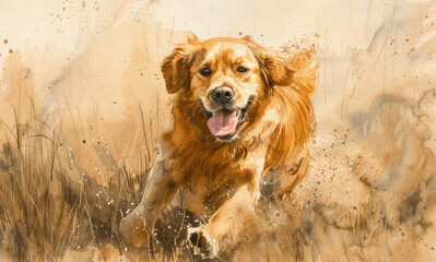A joyful Golden Retriever bounds energetically across dry grass, kicking up dust in the warm sunlight