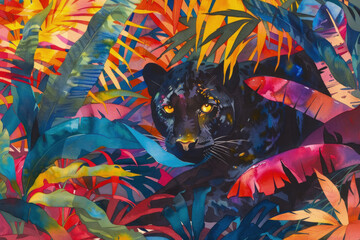 A painting depicting a black leopard amidst lush tropical leaves, showcasing its majestic presence in a vibrant jungle setting