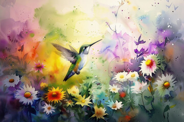 A painting depicting a hummingbird in flight above a vibrant field of colorful flowers