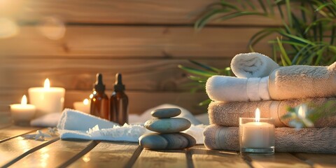 Creating a Relaxing Spa Atmosphere with Towels, Candles, Essential Oils, and Massage Stones on a Wooden Background. Concept Spa Photography, Relaxation Vibes, Wellness Essentials, Wooden Elements - obrazy, fototapety, plakaty