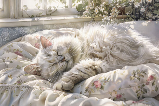 A white cat comfortably rests on top of a bed positioned next to a window, soaking in the natural light filtering through