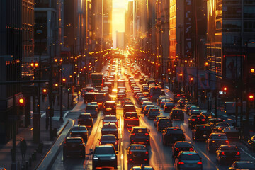A busy city street with many cars and traffic lights