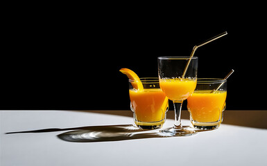 Fototapeta premium Glasses of orange juice on black background with copy space