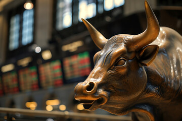Bronze statue of a bull close-up against a background of monitors with stock tickers. Symbol of financial prosperity. Generated AI