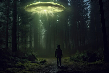 A lone person stands facing a hovering UFO amidst a dimly lit, mist-covered forest, suggesting a close encounter of the unknown kind