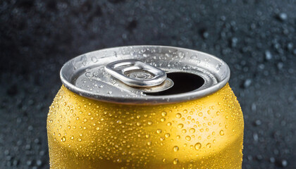 Close-up of yellow aluminum can mockup with drops. Beer or soda drink package. Refreshing beverage. - obrazy, fototapety, plakaty