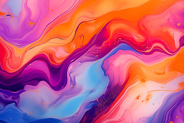 Vibrant and abstract background featuring fluid art. Trendy neon gradient in orange with a marble effect in purple, orange and blue. A stylish backdrop for websites, postcards, and notebooks. - obrazy, fototapety, plakaty