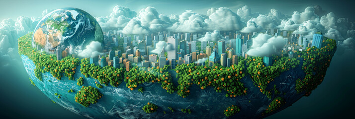 Banner dedicated to Earth Day and environmental protection with a picture of the planet. Volumetric and trendy design.
