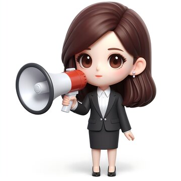 Cute 3D character businesswoman holding megaphone