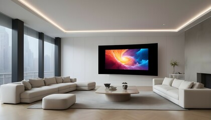 Highlight the futuristic design of the TV screens mounted on the walls, displaying captivating visuals and dynamic content.