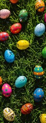 Fototapeta na wymiar colored easter eggs on green grass background.