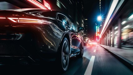 Luxury sports car in motion on a city road with city lights blurred in motion, racing sports car on a city highway at night, rear view