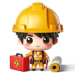 Cute construction worker 3D cartoon character.