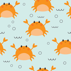 Seamless pattern with cute crab. Summer marine texture. Vector illustration. - obrazy, fototapety, plakaty