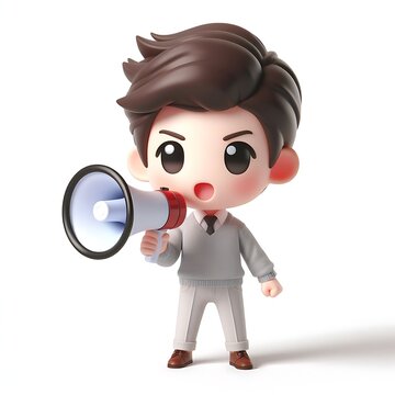 Cute 3D character of business man holding megaphone