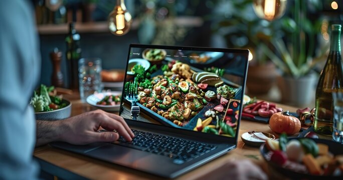 A man is using a laptop to view a picture of a table full of food