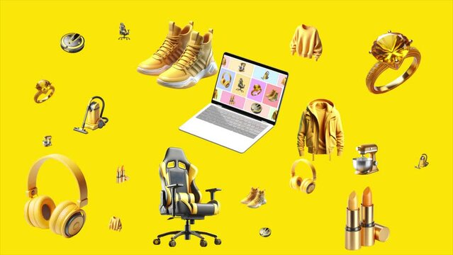 Yellow e-commerce products inside the laptop. Sales of e-commerce and shopping products. Technological products, household goods and technological devices