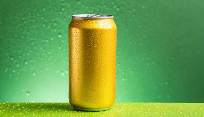 Yellow aluminum can with condensation drops. Beer or soda drink package. Green background. - obrazy, fototapety, plakaty