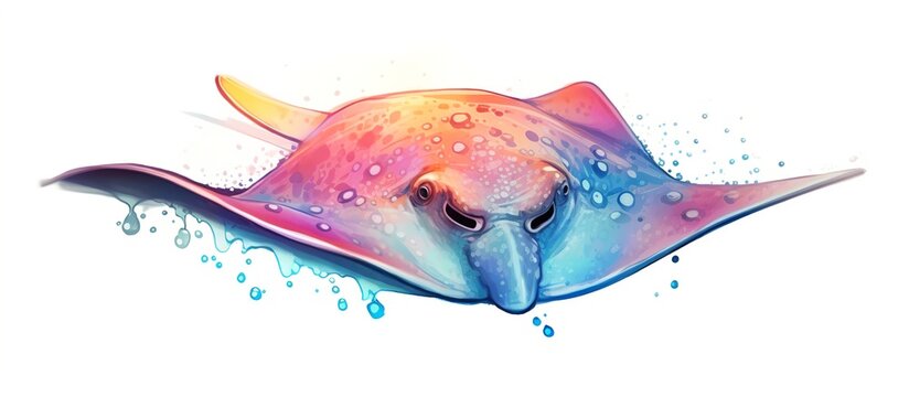 Illustration of a cute little stingray cartoon animal swimming in the sea on a white background